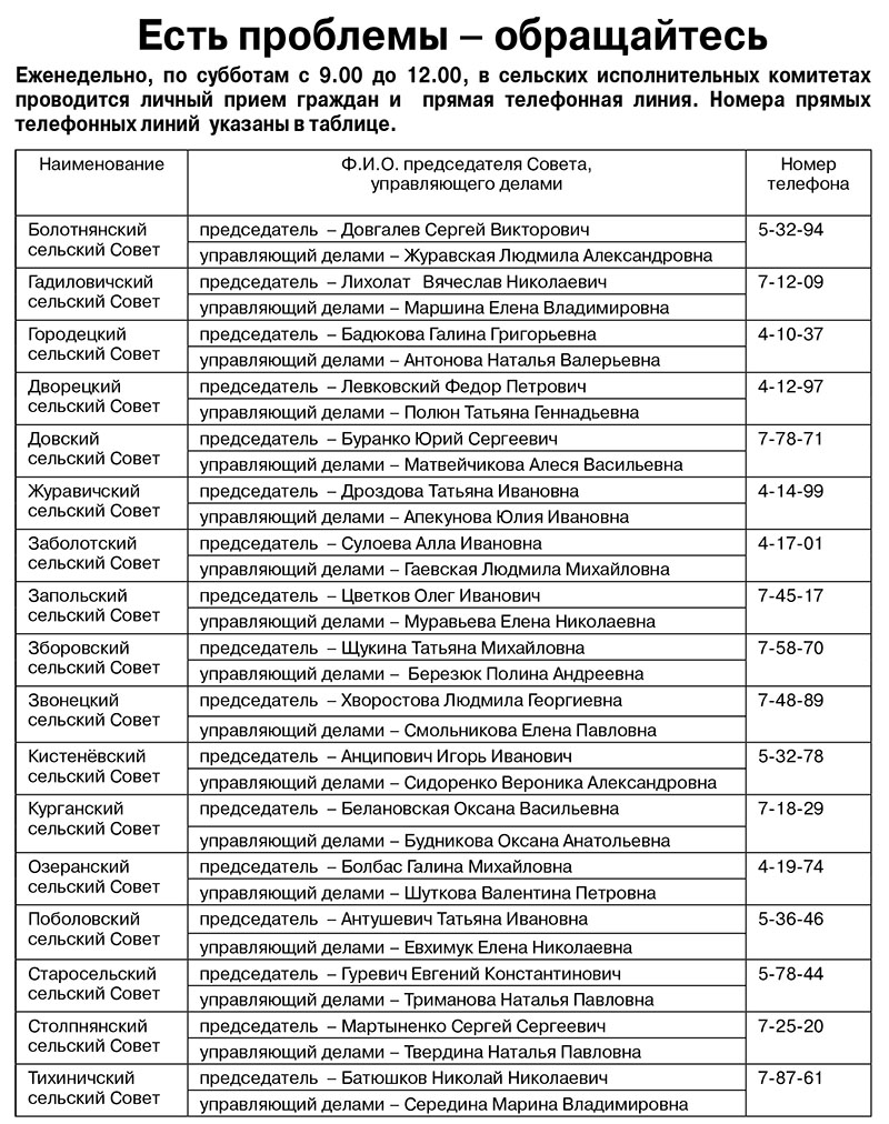 Еженедельно, по субботам с 9.00 до 12.00, в сельских исполнительных комитетах Рогачевского района проводится личный прием граждан и  прямая телефонная линия